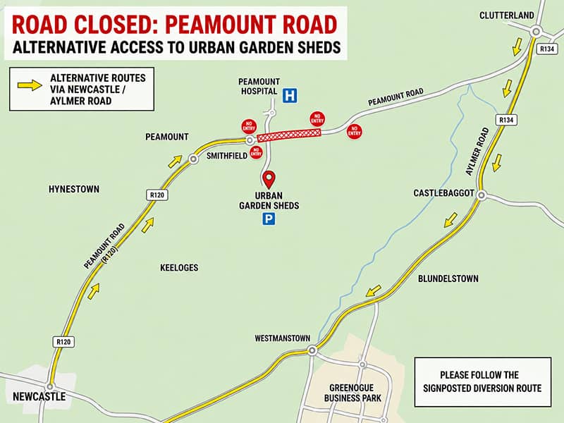 Urban-Garden-Sheds-Peamount-Road-Closed-JULY-AUG-2026-002-compressed map showing temporary road closure and access to Urban Garden Sheds