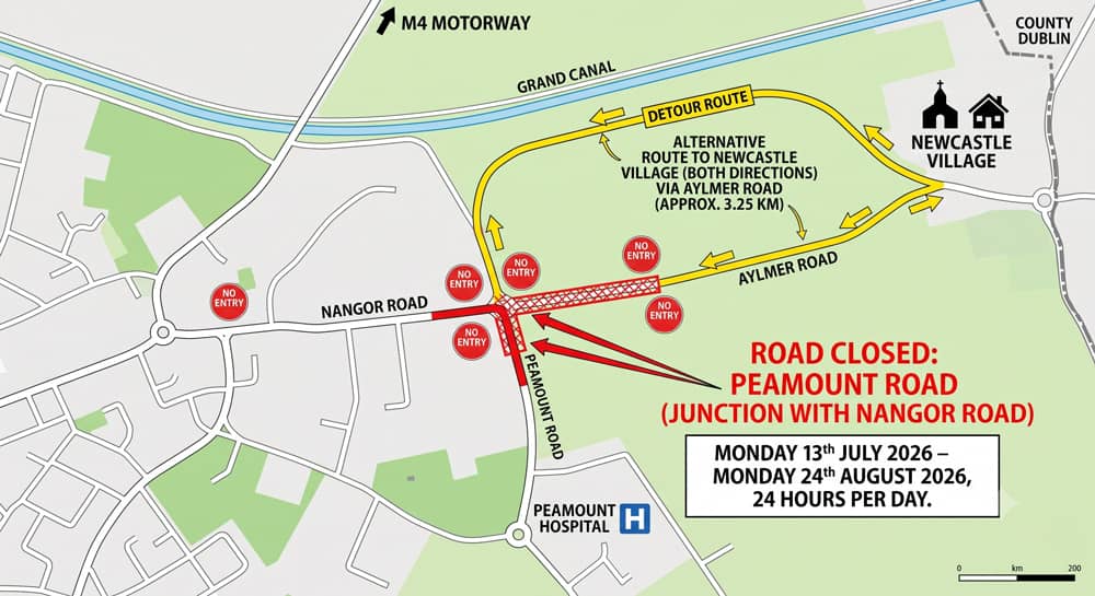 Urban-Garden-Sheds-Peamount-Road-Closed-JULY-AUG-2026-compressed map image graphic showing alternative routes due to road closure